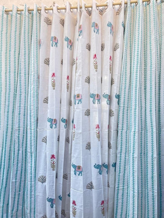 Blue Elephant Handblock Curtains