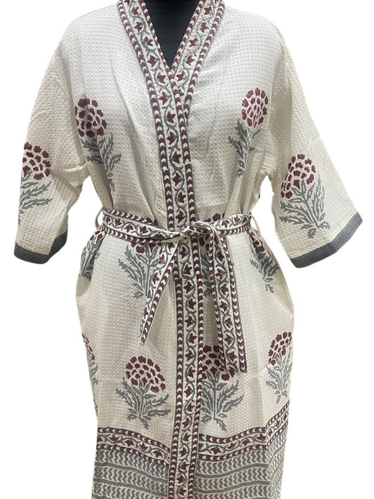 Manjari Hand Block Printed Cotton Waffle Bathrobe – Ultra Soft & Absorbent