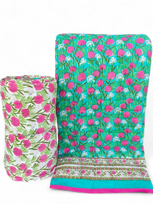 Jaipuri Quilt- Handblock Printed Reversible Mulmul Cotton Quilt - Double (90 x 108 inch)