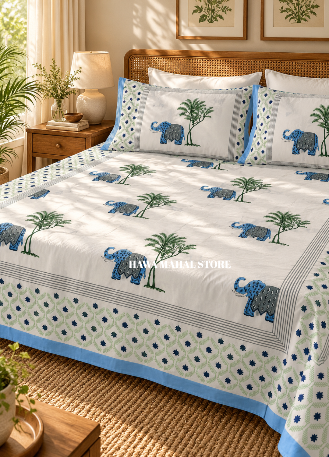 Handblock Print Percale Bedsheet with Reversible Pillow Covers