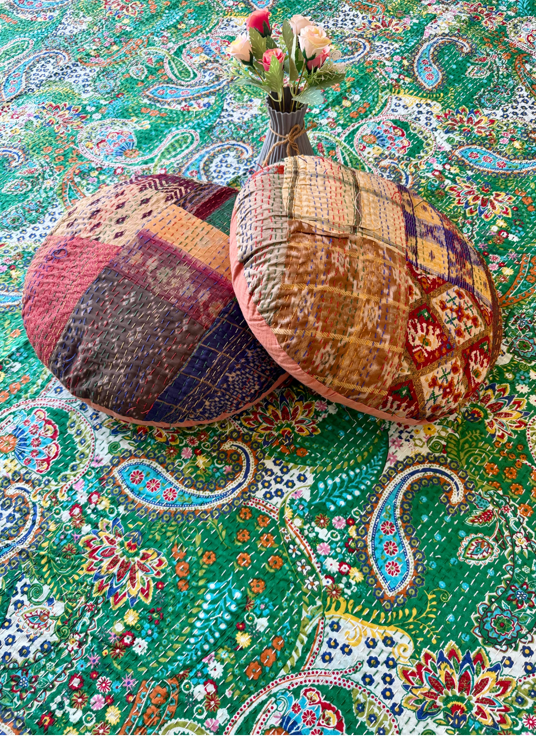 Green Kantha Luxury Bedcover - 90x108 inch
