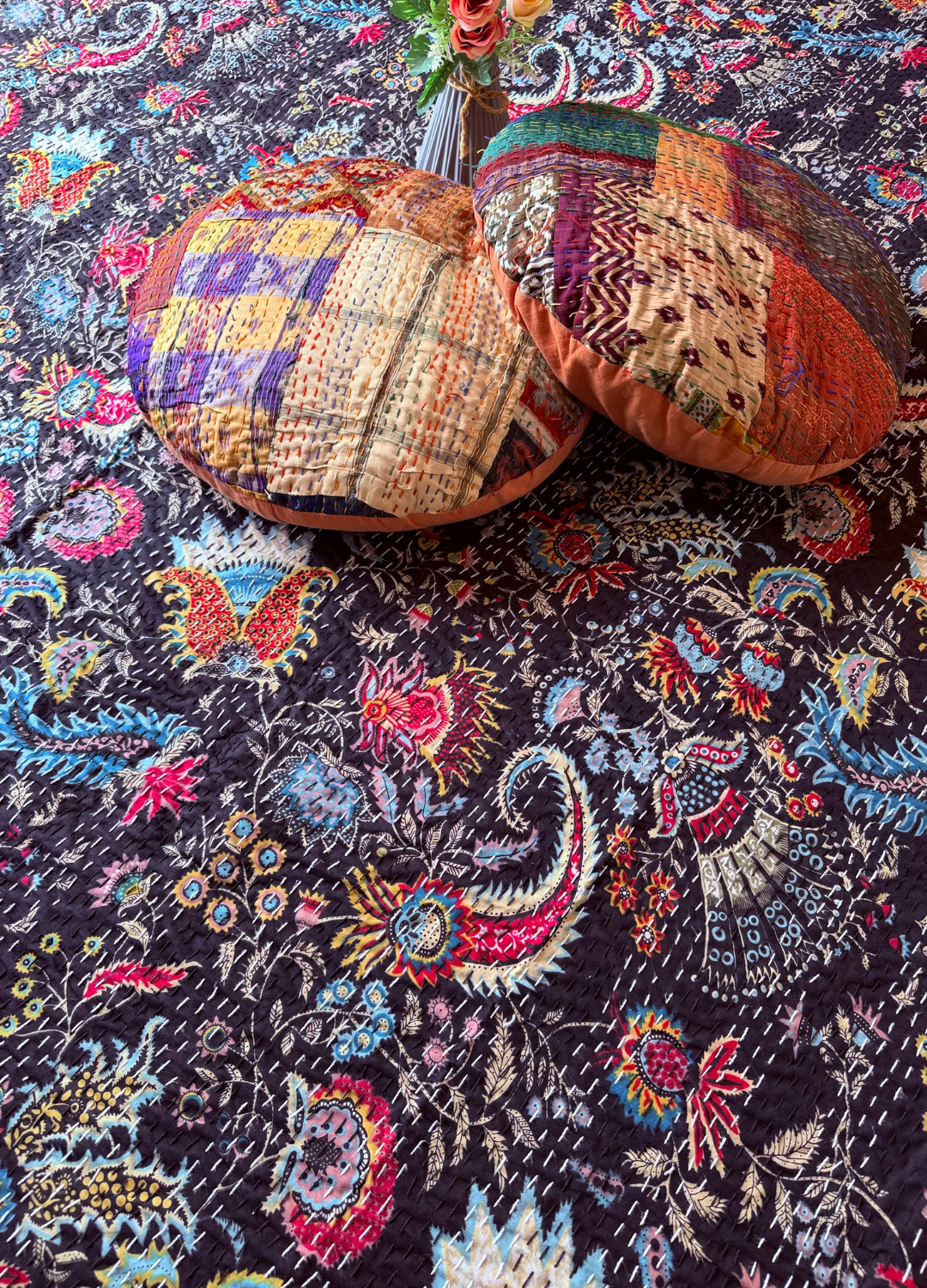 Black Kantha Luxury Bedcover - 90x108 inch
