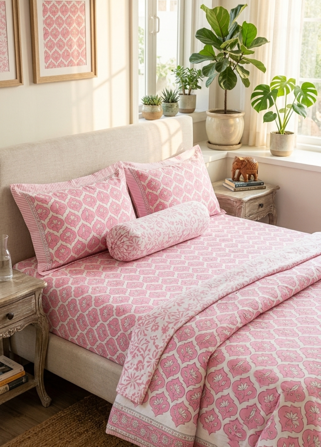 Gull Collection - Hand Block Printed Super King Bedsheet with Reversible Pillow Covers (108 x 108 inches)