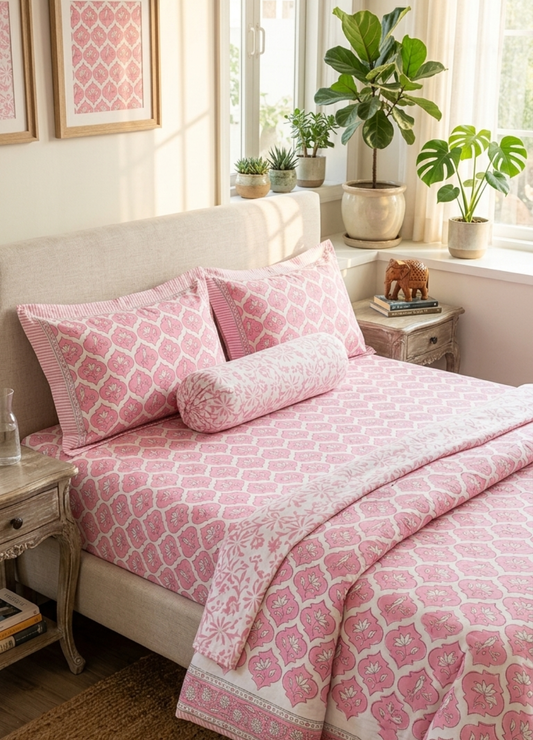 Gull Collection - Hand Block Printed Super King Bedsheet with Reversible Pillow Covers (108 x 108 inches)