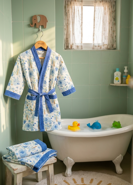 Hand Block Printed Kids Waffle Cotton Bathrobe - Blue Elephant