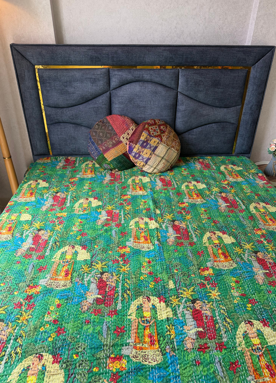 Green Frida Kantha Luxury Bedcover - 90x108 inch