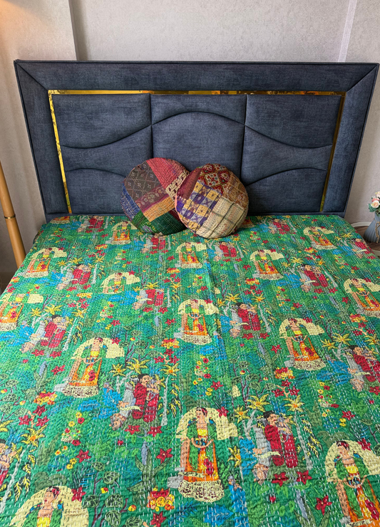 Green Frida Kantha Luxury Bedcover - 90x108 inch