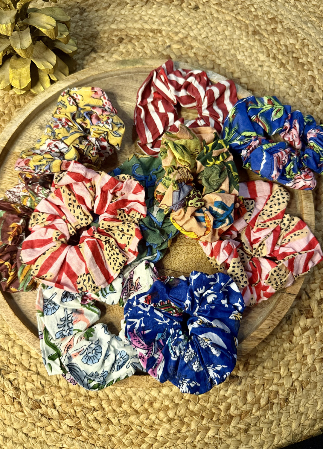Block Print Cotton Scrunchies - Assorted Set of 3