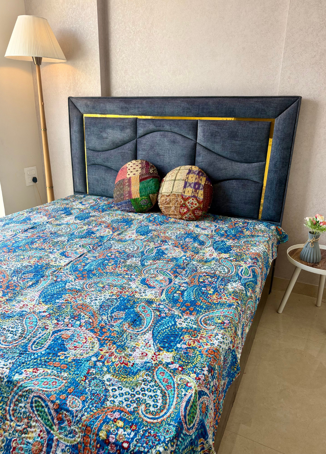 Blue Kantha Luxury Bedcover - 90x108 inch
