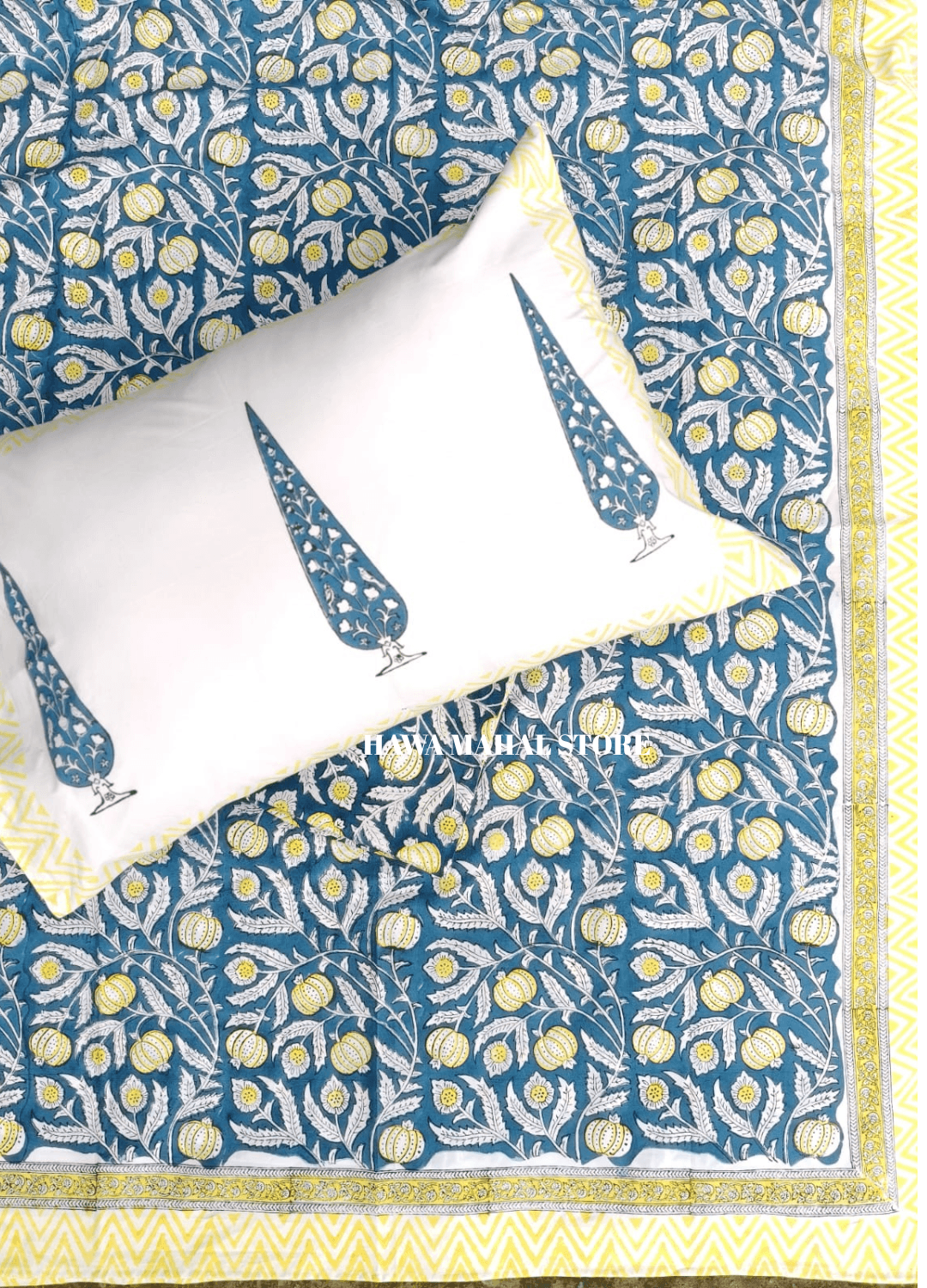 Handblock Print Percale Bedsheet with Reversible Pillow Covers
