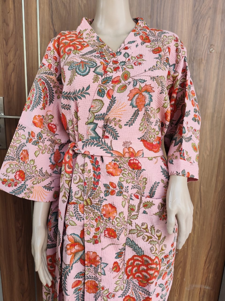 Pink Hand Block Printed Cotton Waffle Bathrobe – Ultra Soft & Absorbent
