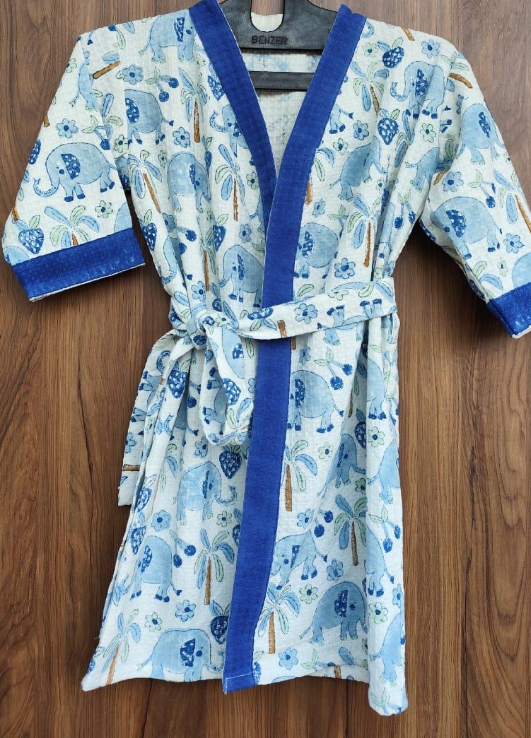 Hand Block Printed Kids Waffle Cotton Bathrobe - Blue Elephant