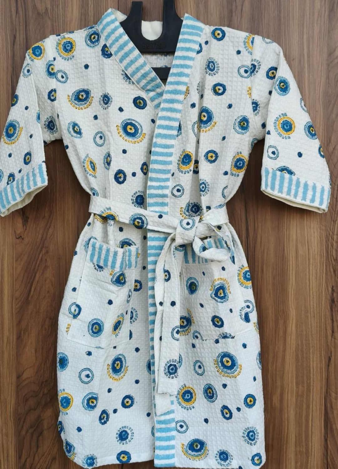 Hand Block Printed Kids Waffle Cotton Bathrobe - Evil Eye