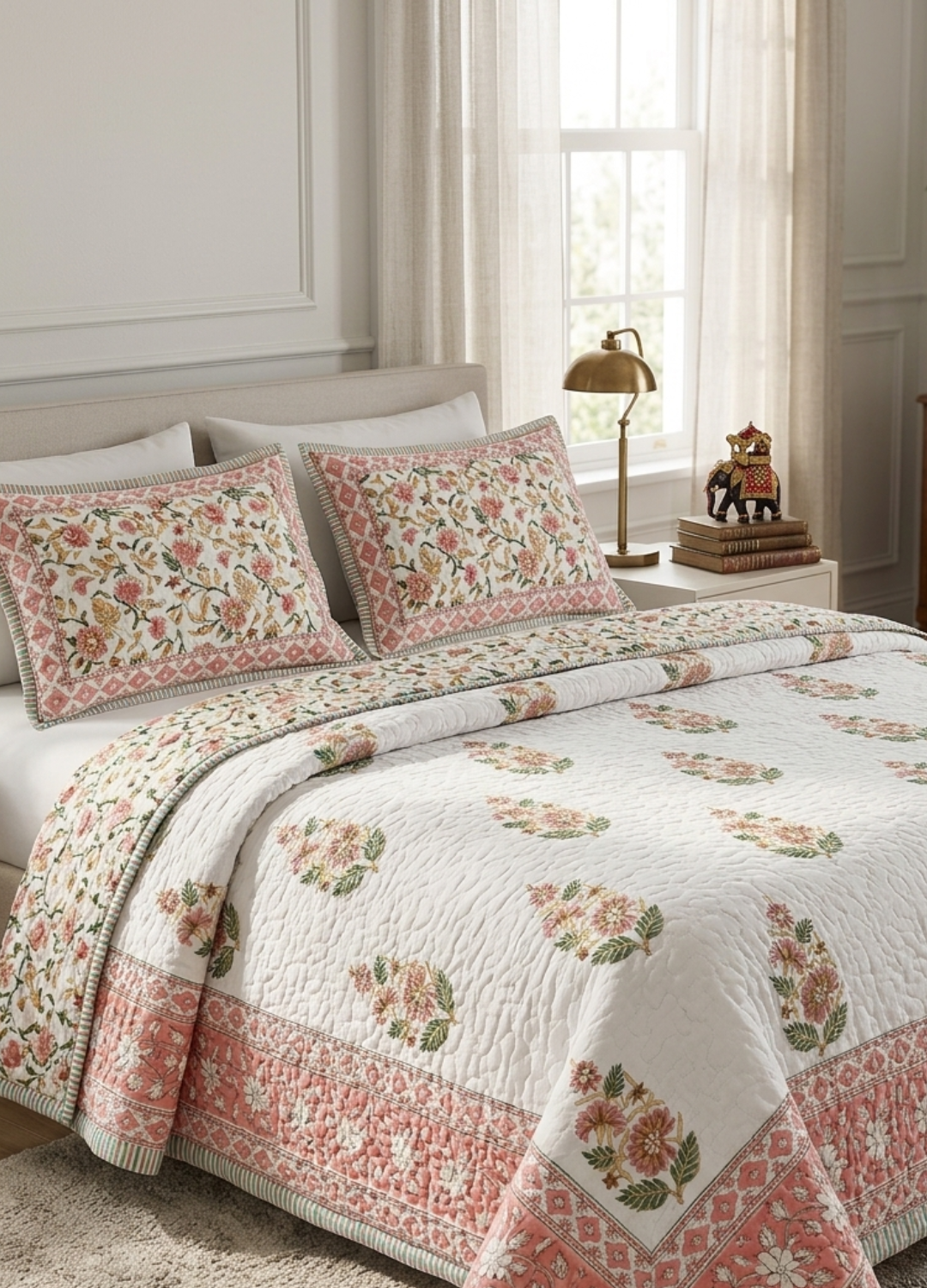 Handcrafted Quilted Cotton Bedcover with Two Pillow Covers