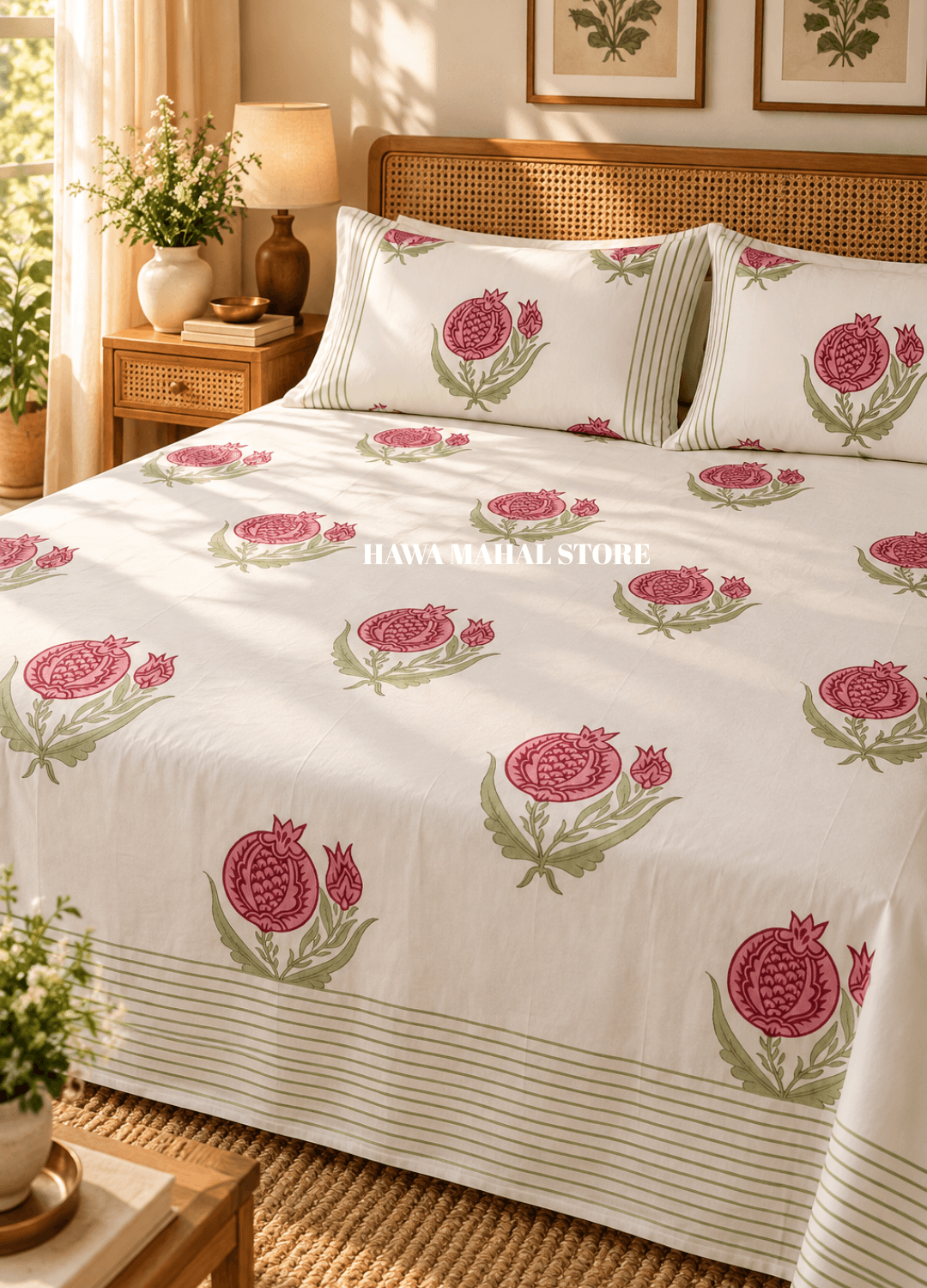 Handblock Print Percale Bedsheet with Reversible Pillow Covers