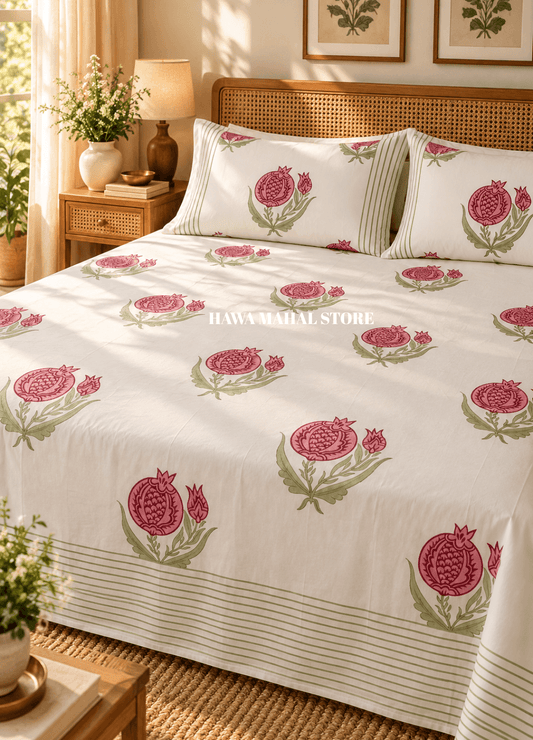 Handblock Print Percale Bedsheet with Reversible Pillow Covers