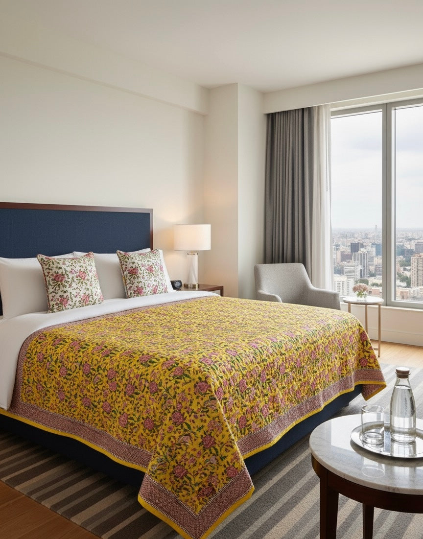 Yellow Handblock Printed Reversible Mulmul Cotton Quilt - Double (90 x 108 inch)