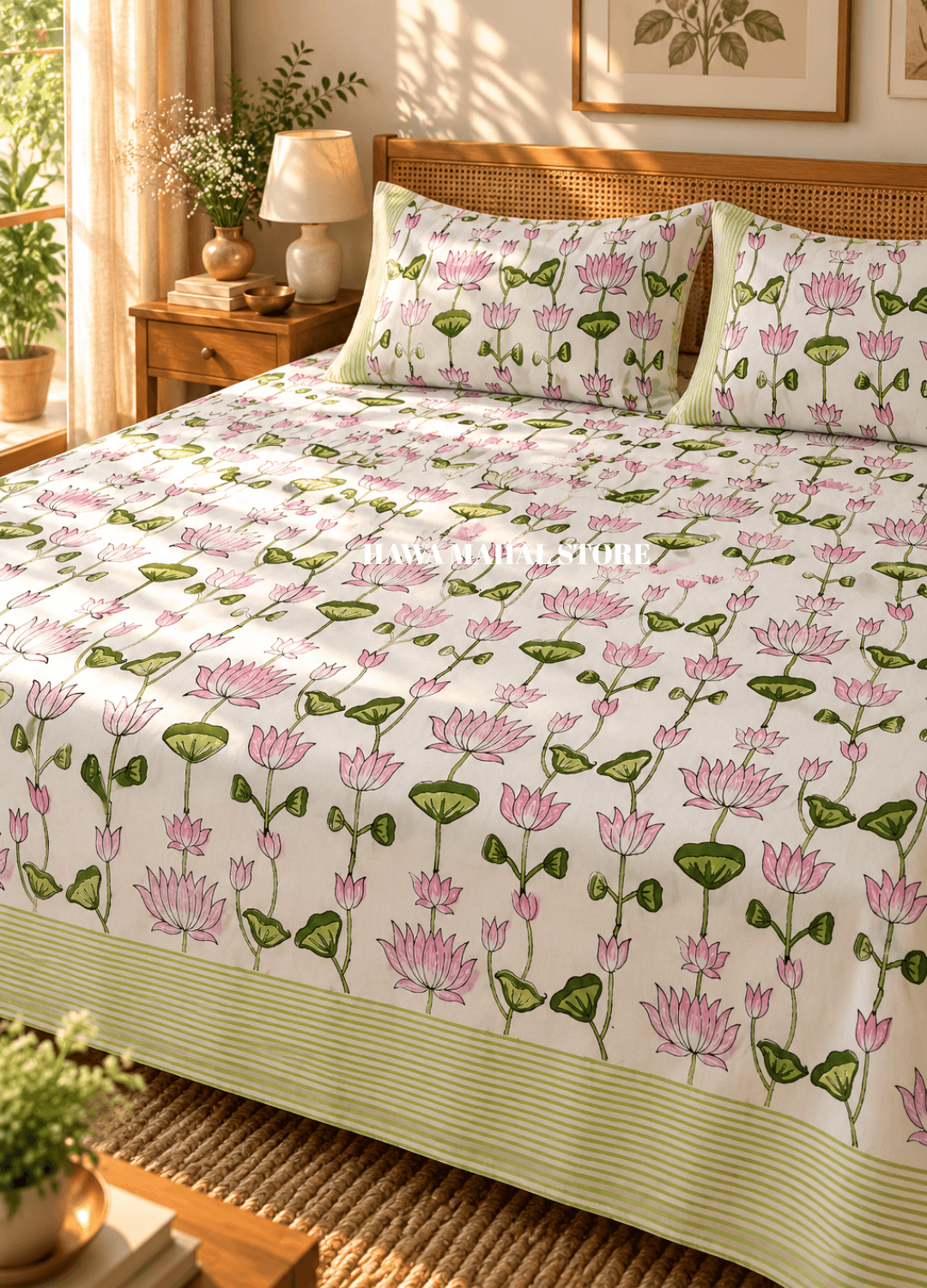 Handblock Print Percale Bedsheet with Reversible Pillow Covers