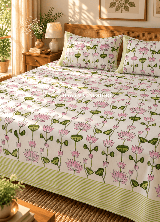 Handblock Print Percale Bedsheet with Reversible Pillow Covers
