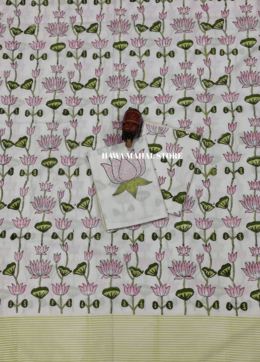 Handblock Print Percale Bedsheet with Reversible Pillow Covers
