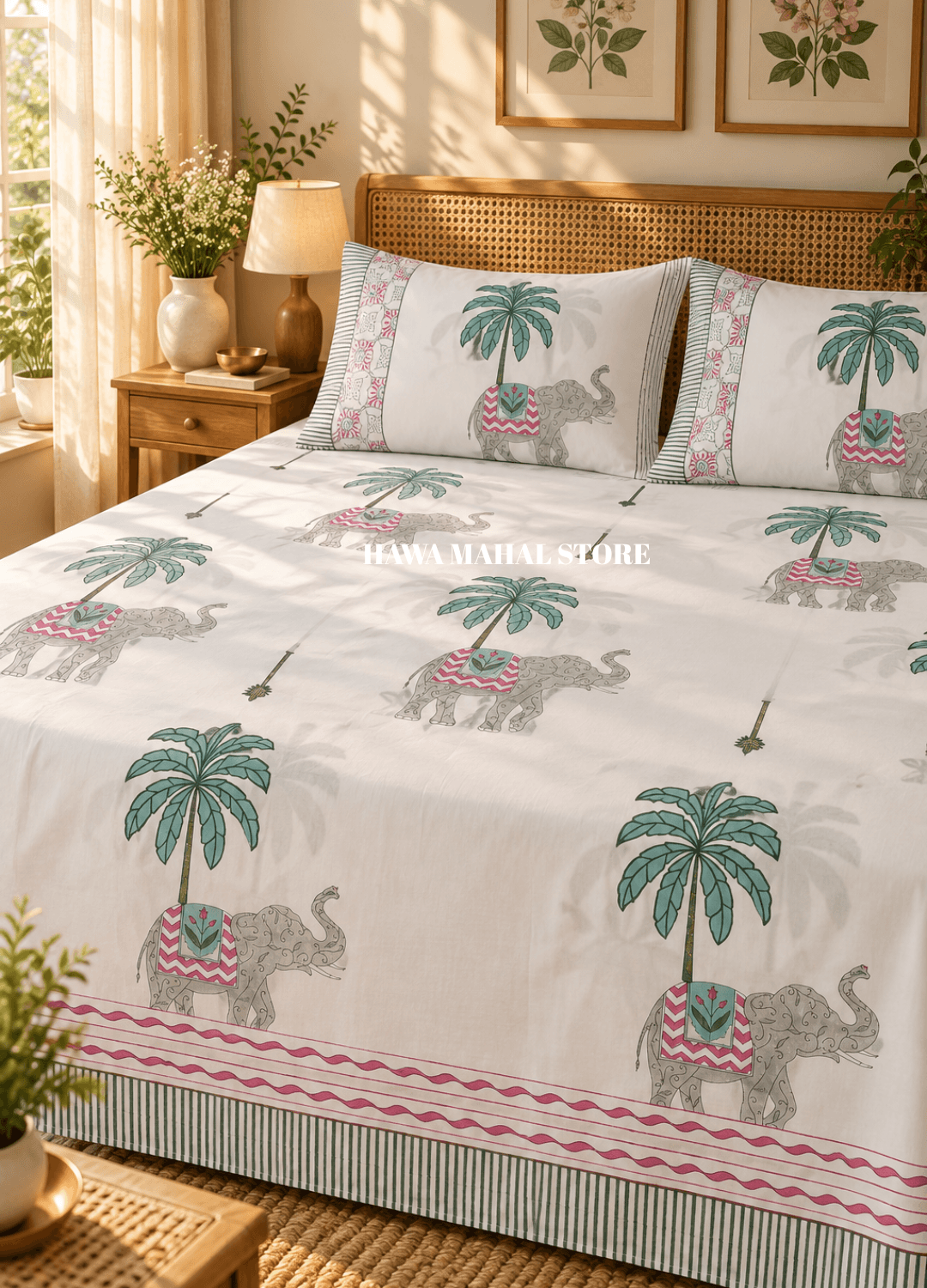 Handblock Print Percale Bedsheet with Reversible Pillow Covers