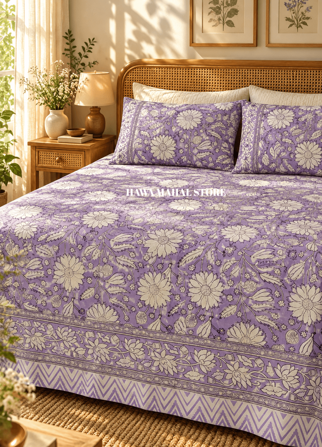 Handblock Print Percale Bedsheet with Reversible Pillow Covers