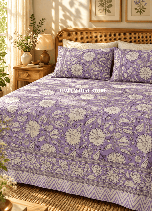 Handblock Print Percale Bedsheet with Reversible Pillow Covers