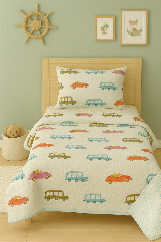 Kids Reversible Mulmul Quilt- Car