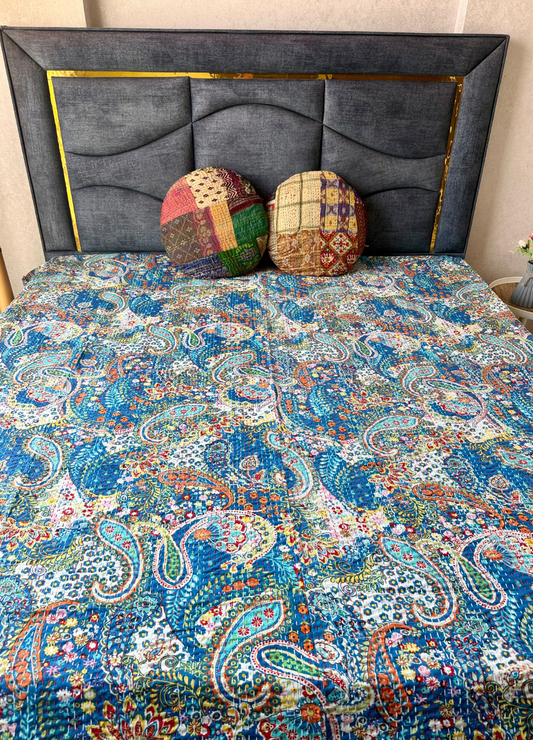 Blue Kantha Luxury Bedcover - 90x108 inch