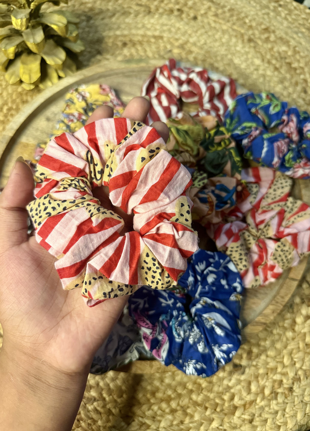 Block Print Cotton Scrunchies - Assorted Set of 3