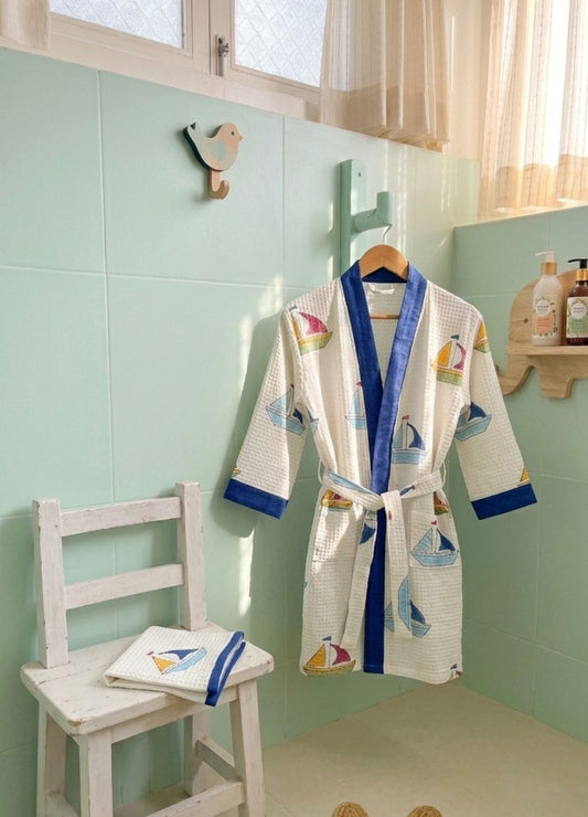 Hand Block Printed Kids Waffle Cotton Bathrobe - Ship