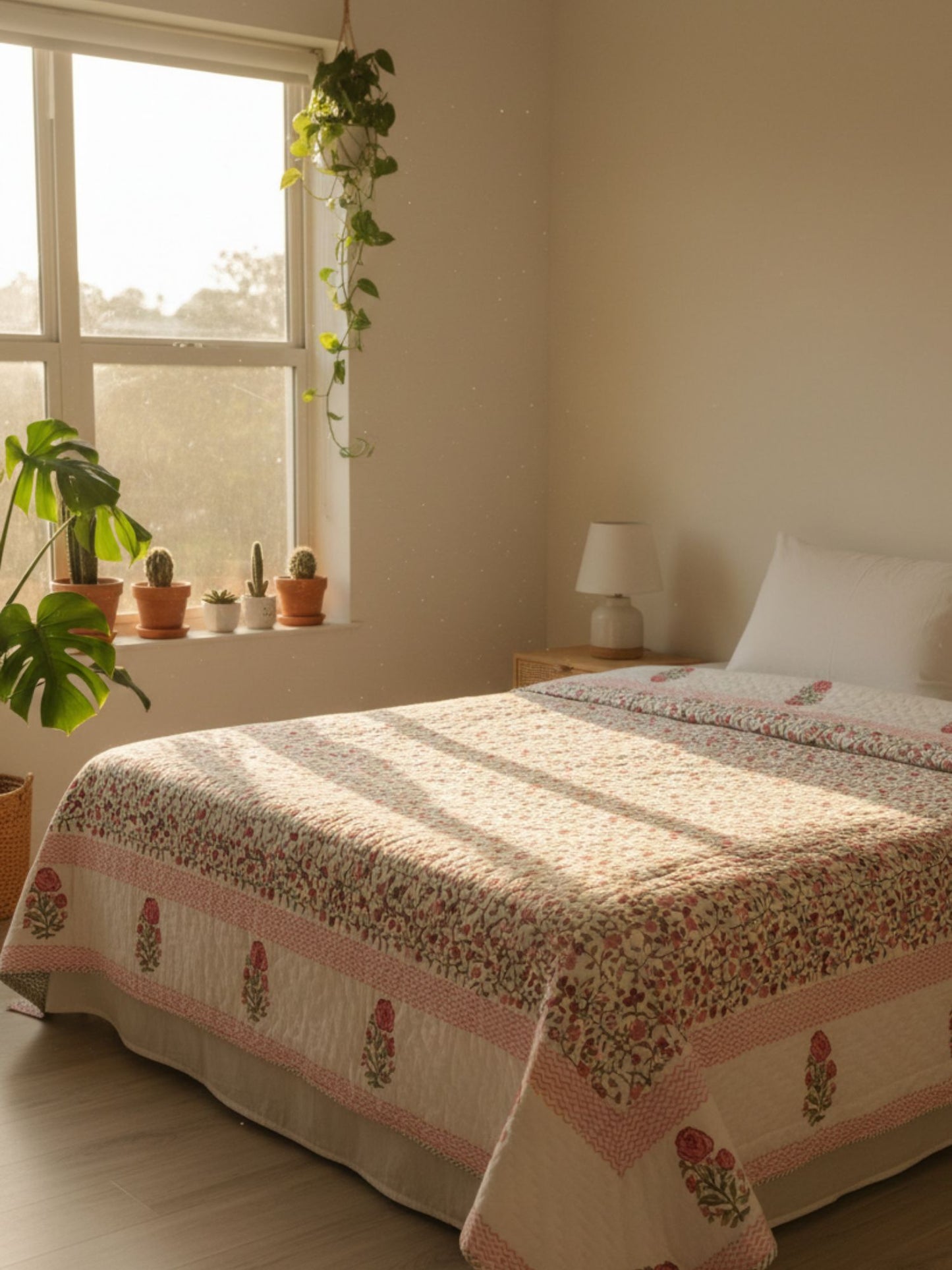 Pink Floral Jaipuri Quilt- Handblock Printed Reversible Mulmul Cotton Quilt - Double (90 x 108 inch) (Copy)