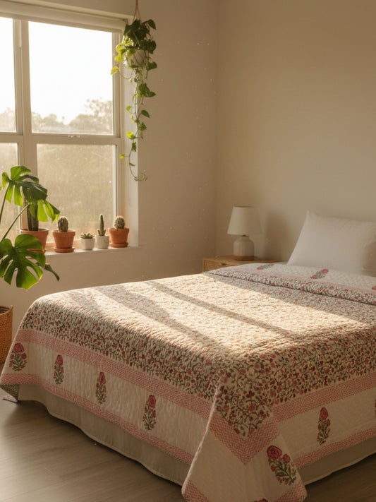 Pink Floral Jaipuri Quilt- Handblock Printed Reversible Mulmul Cotton Quilt - Double (90 x 108 inch) (Copy)
