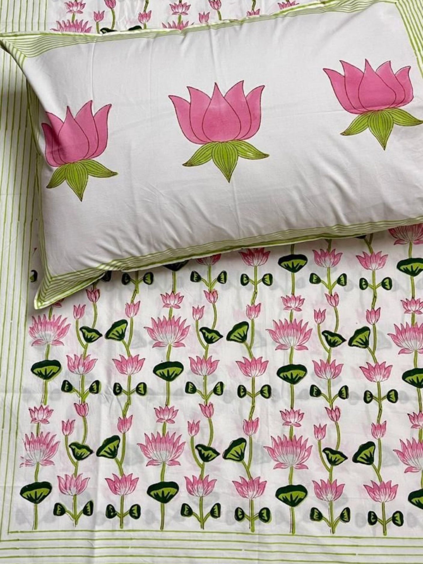 Kamal Bagh Collection - Hand Block Printed Super King Bedsheet with Reversible Pillow Covers (108 x 108 inches)