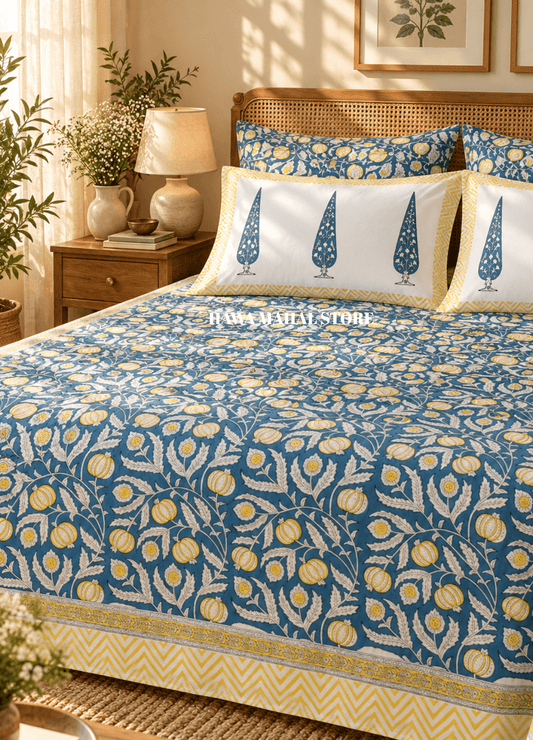 Handblock Print Percale Bedsheet with Reversible Pillow Covers