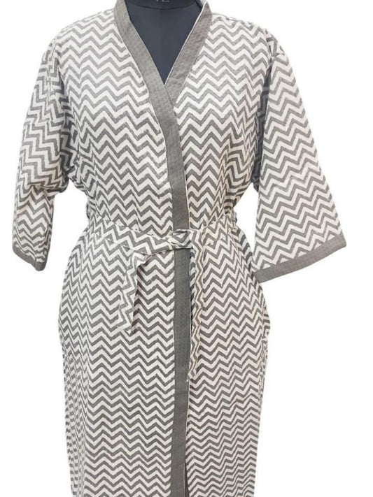 Hand Block Printed Grey Zigzag Cotton Waffle Bathrobe – Ultra Soft & Absorbent