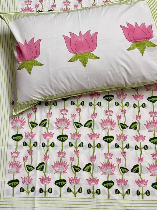 Kamal Bagh Collection - Hand Block Printed King Bedsheet with Reversible Pillow Covers (90 x 108 inches)