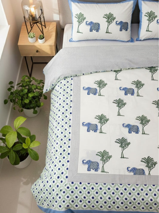 Hansani Hand Block Printed King Bedsheet with Reversible Pillow Covers (90 x 108 inches)