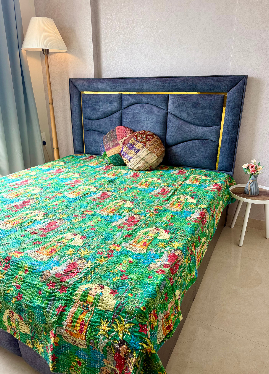 Green Frida Kantha Luxury Bedcover - 90x108 inch