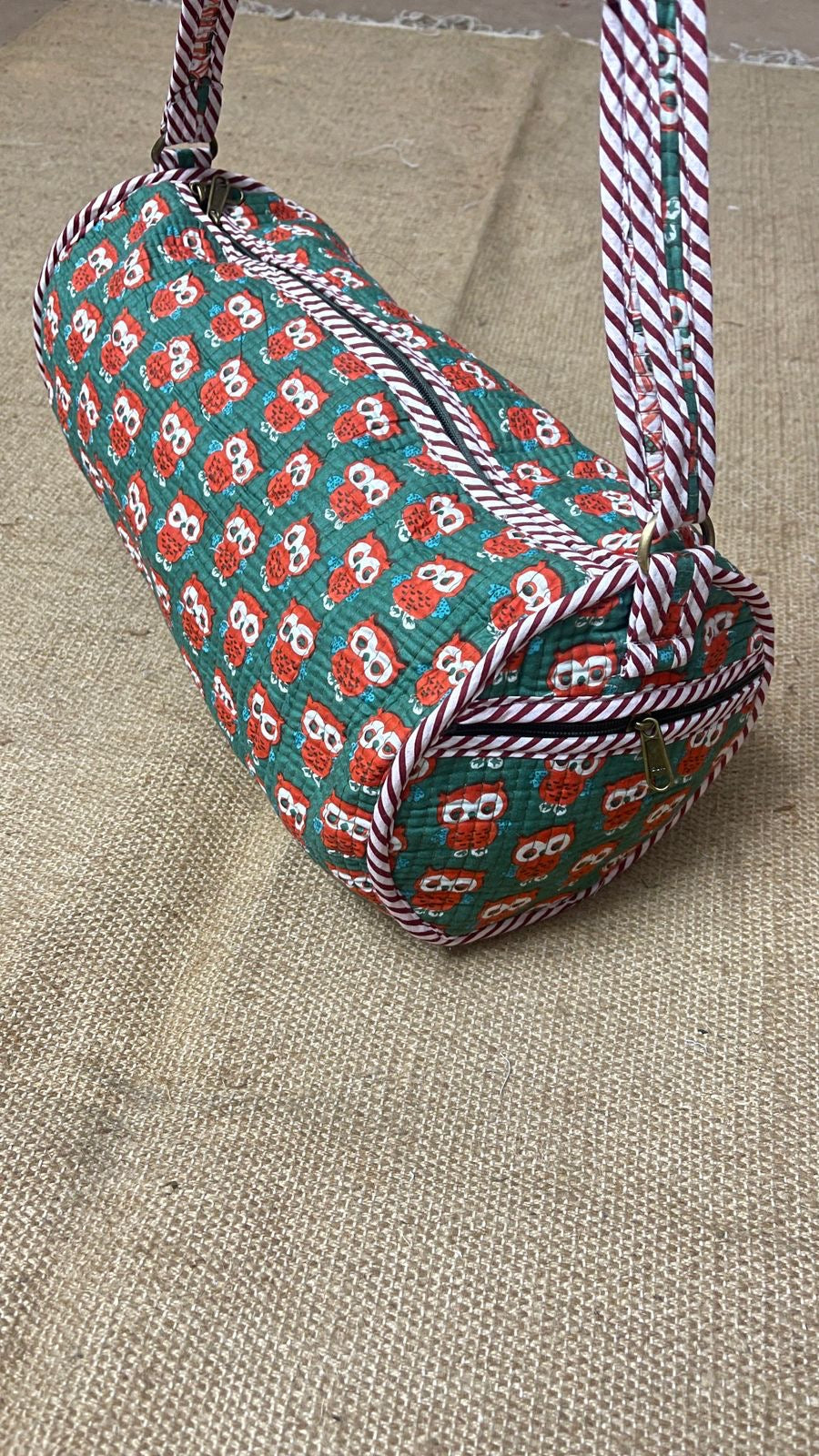 Handblock Quilted Kids Owl Green Duffle Bag – 15 x 20 Inch