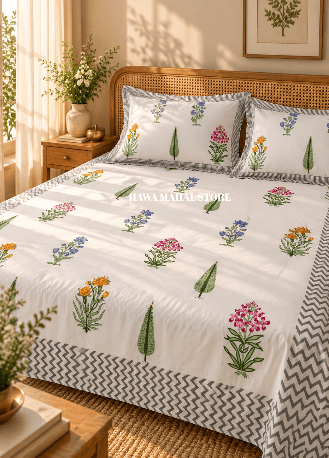 Handblock Print Percale Bedsheet with Reversible Pillow Covers