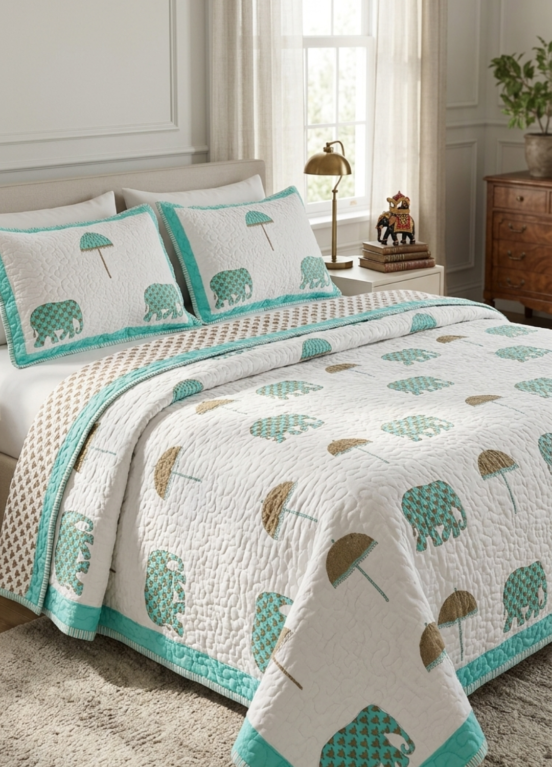 Handcrafted Quilted Cotton Bedcover with Two Pillow Covers