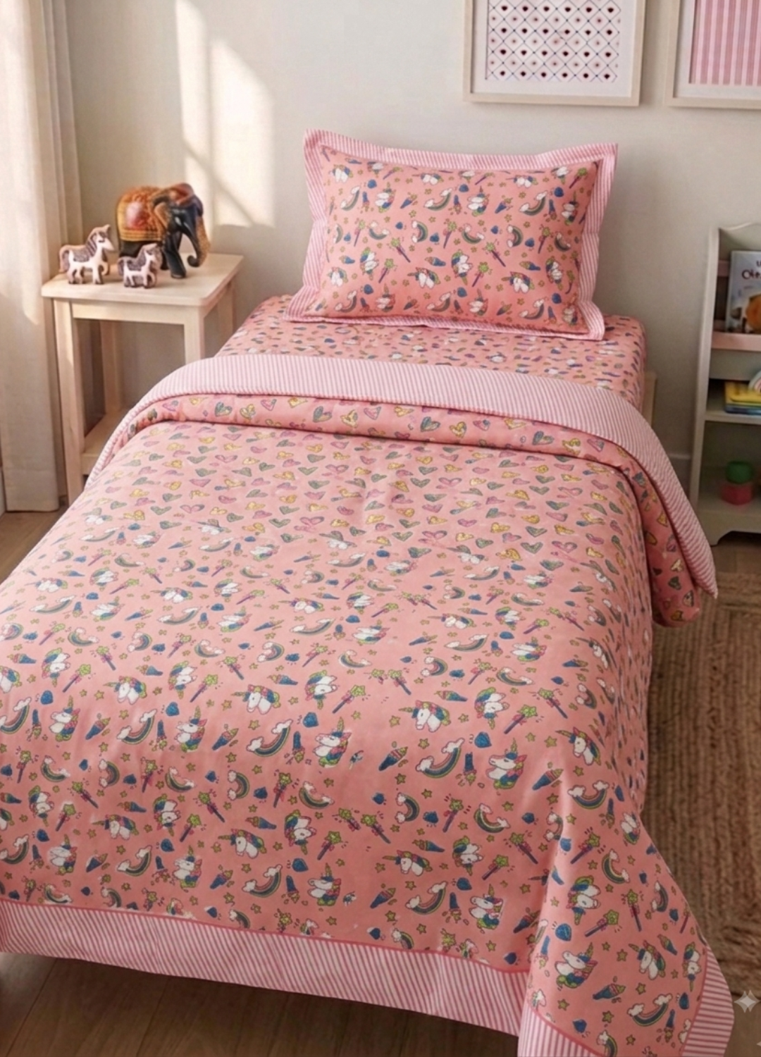 Handblock Kids Percale Single Bedsheet – Unicorn