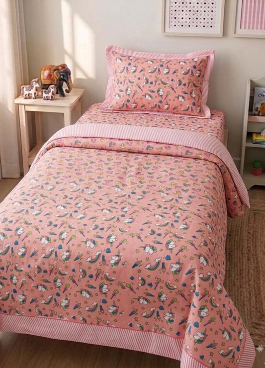 Handblock Kids Percale Single Bedsheet – Unicorn