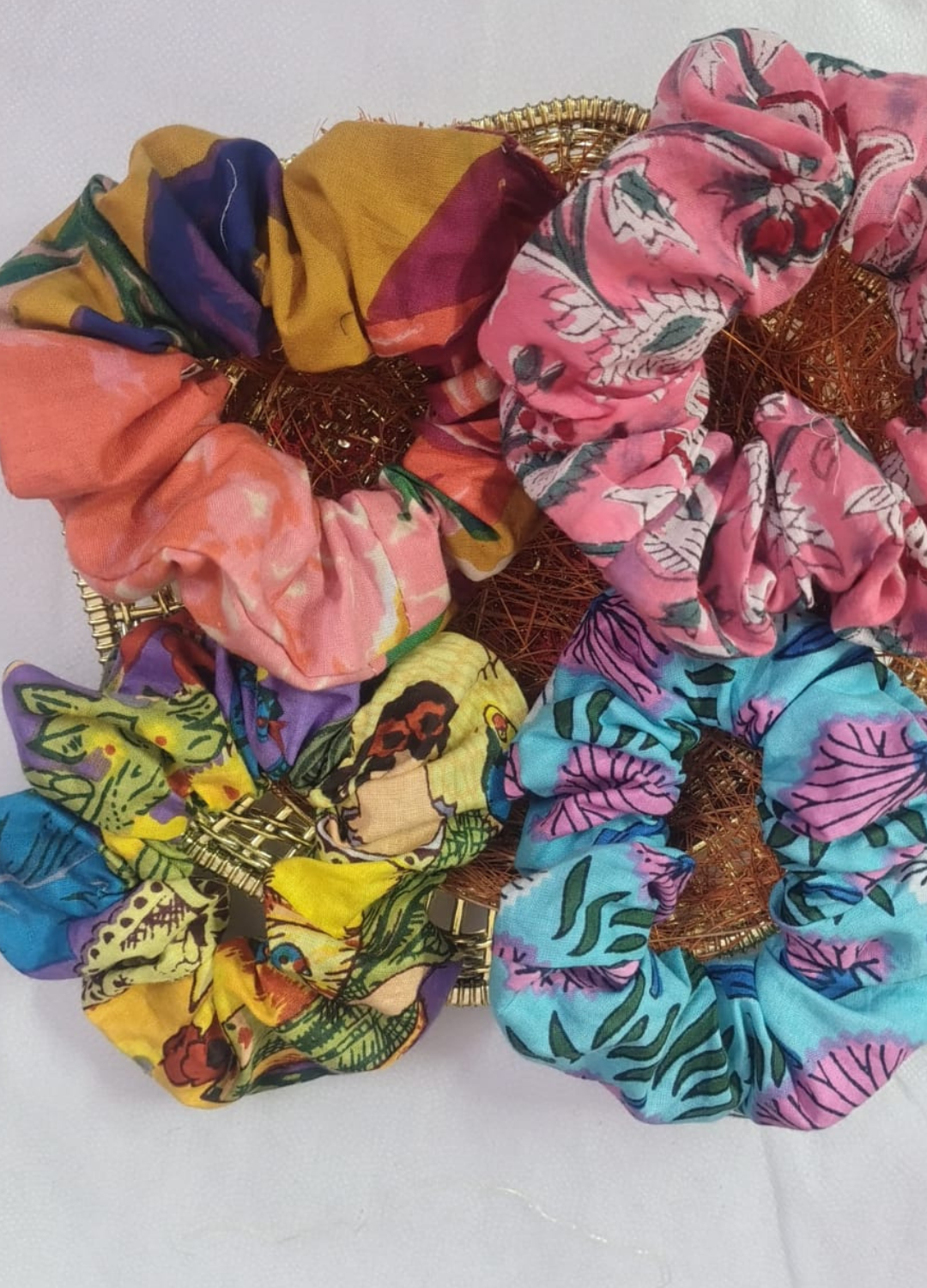 Block Print Cotton Scrunchies - Assorted Set of 3