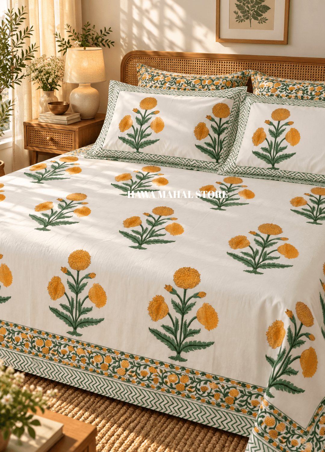 Handblock Print Percale Bedsheet with Reversible Pillow Covers