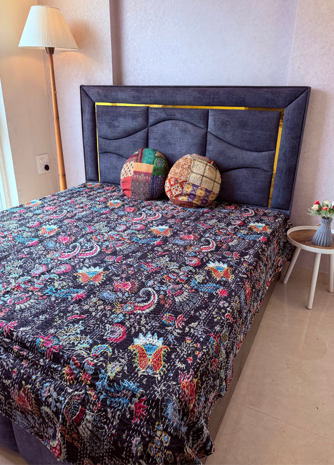 Black Kantha Luxury Bedcover - 90x108 inch