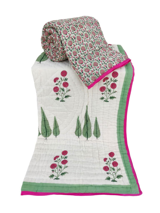 Handblock Printed Reversible Mulmul Cotton Quilt - Set of 2 Single Quilt(60 x 90 inch)