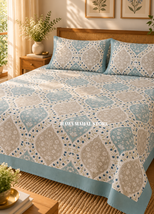 Handblock Print Percale Bedsheet with Reversible Pillow Covers
