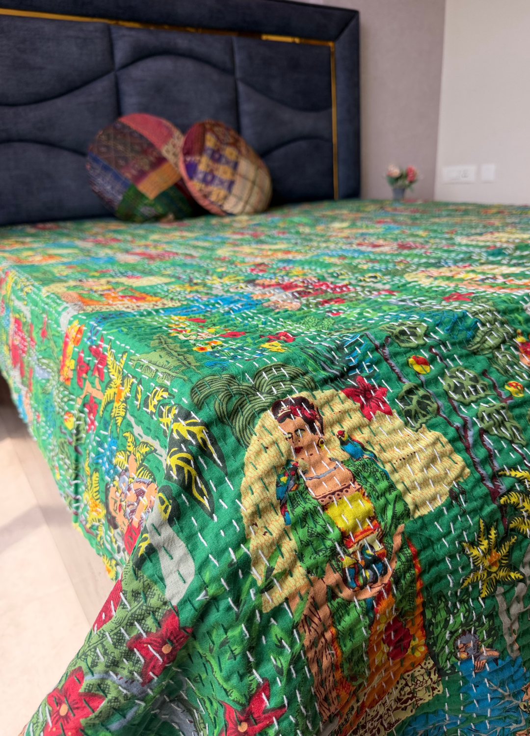 Green Frida Kantha Luxury Bedcover - 90x108 inch